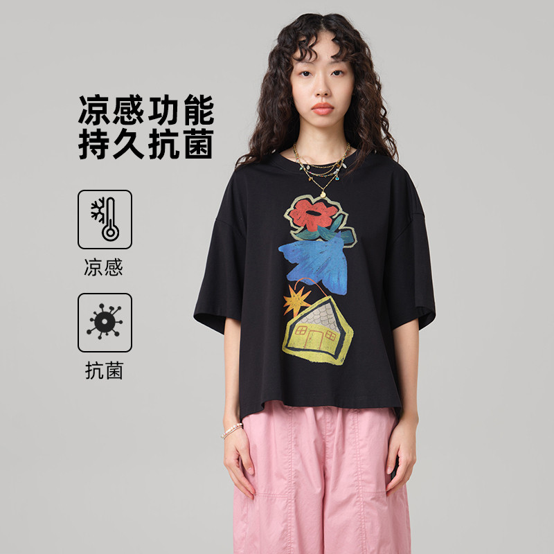 MOVEUP幻走2026夏季新款凉感宽松圆领多巴胺印花简约短款T恤女