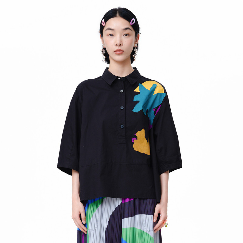 衬衫领、松鼠印花、收褶