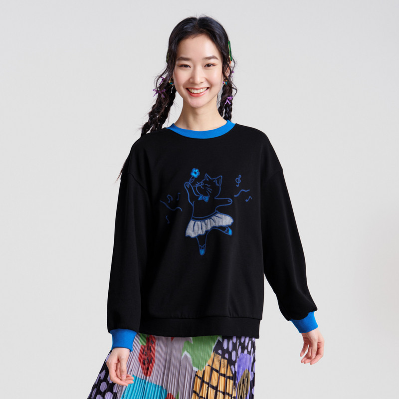 MOVEUP幻走2026春季新款.FUN系列圆领趣味绣花撞色袖口短款卫衣女