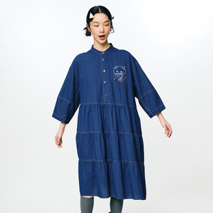 MOVEUP幻走2025秋季 .FUN系列纯棉绣花小猫口袋牛仔连衣裙 新款