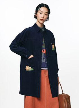 MOVEUP幻走2025秋季新款.FUN系列纯棉翻领猫咪绣花中长款衬衫女