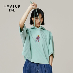 MOVEUP幻走2021夏季 商场同款 拼料绣花短款 新款 蝙蝠袖 T恤女