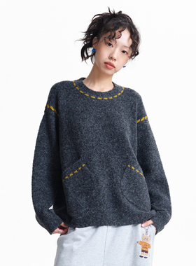 MOVEUP幻走2025冬季新款.FUN系列小落肩提花毛衣贴袋短款针织衫女