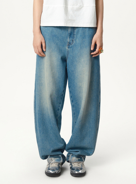 MOVEUP幻走2025春季新款.FUN系列复古松紧腰纯棉设计牛仔直筒裤女