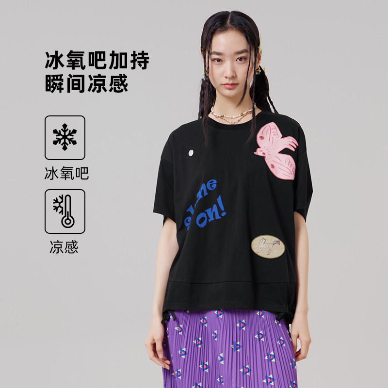 MOVEUP幻走2026夏季新款.FUN系列小鸟贴布金属吊牌抽绳短款T恤女