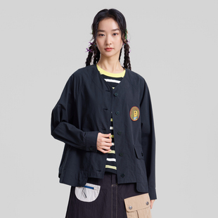 MOVEUP幻走2026春季新款.FUN系列V领绣花章仔纯棉休闲短款外套女