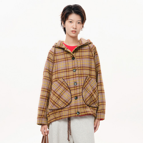 连帽、插肩袖、格纹