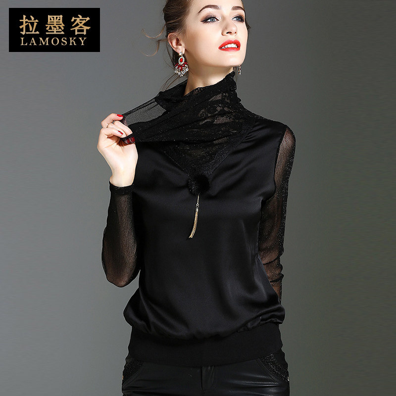 2020秋季新款时尚透视黑色高领蕾丝网纱上衣宽松大码长袖打底衫女