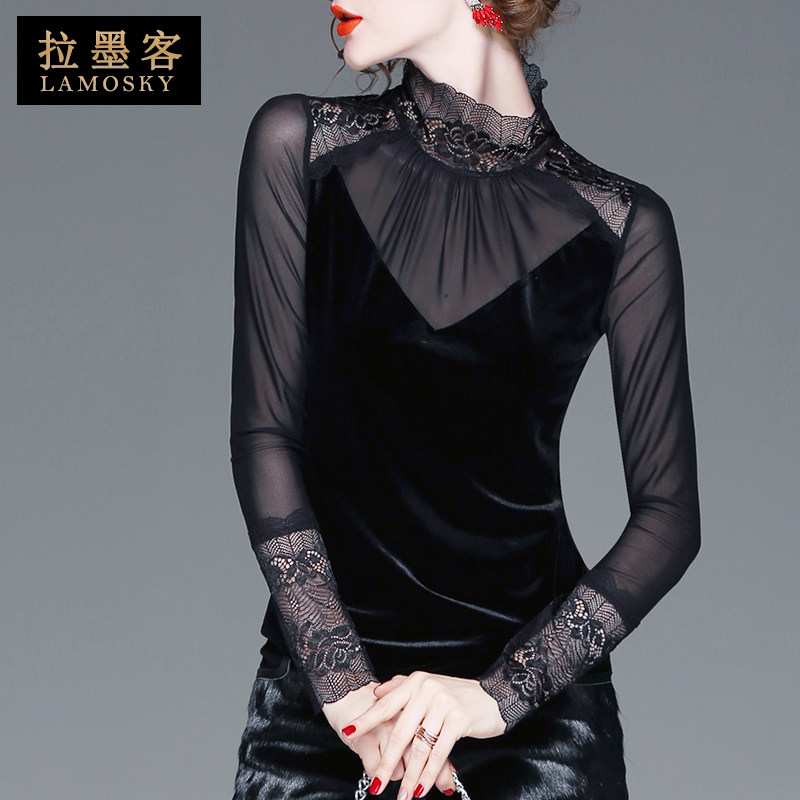 T恤黑色百搭丝绒上衣女加绒2020秋新款蕾丝长袖打底衫半高领小衫
