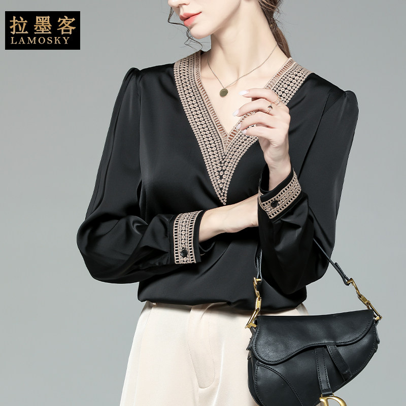 黑色缎面长袖衬衫女秋季雪纺法式v领上衣高端蕾丝刺绣衬衣设计感