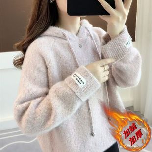 秋冬新款雪尼尔加绒加厚连帽针织衫套头卫衣宽松百搭毛衣慵懒上衣