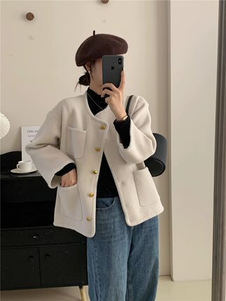 双面尼针织开衫女2024冬季新款法式轻奢小香风小个子加厚外套女