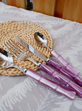 意大利制Rivadossi紫粉色流光亚克力竹节不锈钢勺刀咖啡勺甜品叉