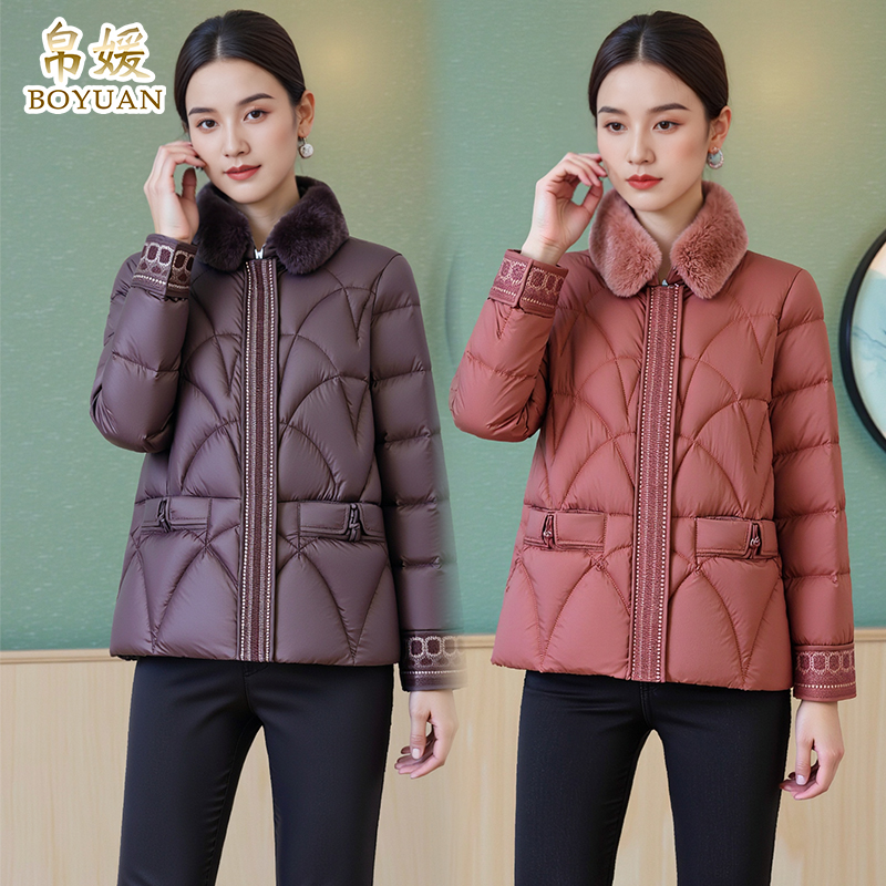 帛媛妈妈短款鹅绒服女兔毛领修身羽绒服2025冬新款加厚保暖外套