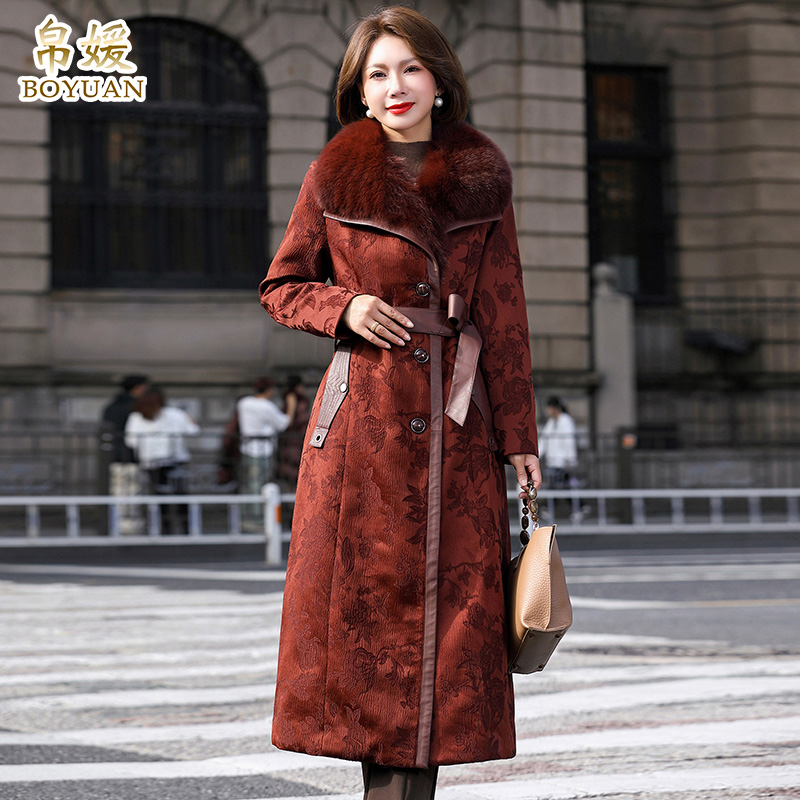 帛媛冬季红色狐狸毛领鹅绒服女长款正品新款香云纱羽绒服妈妈外套