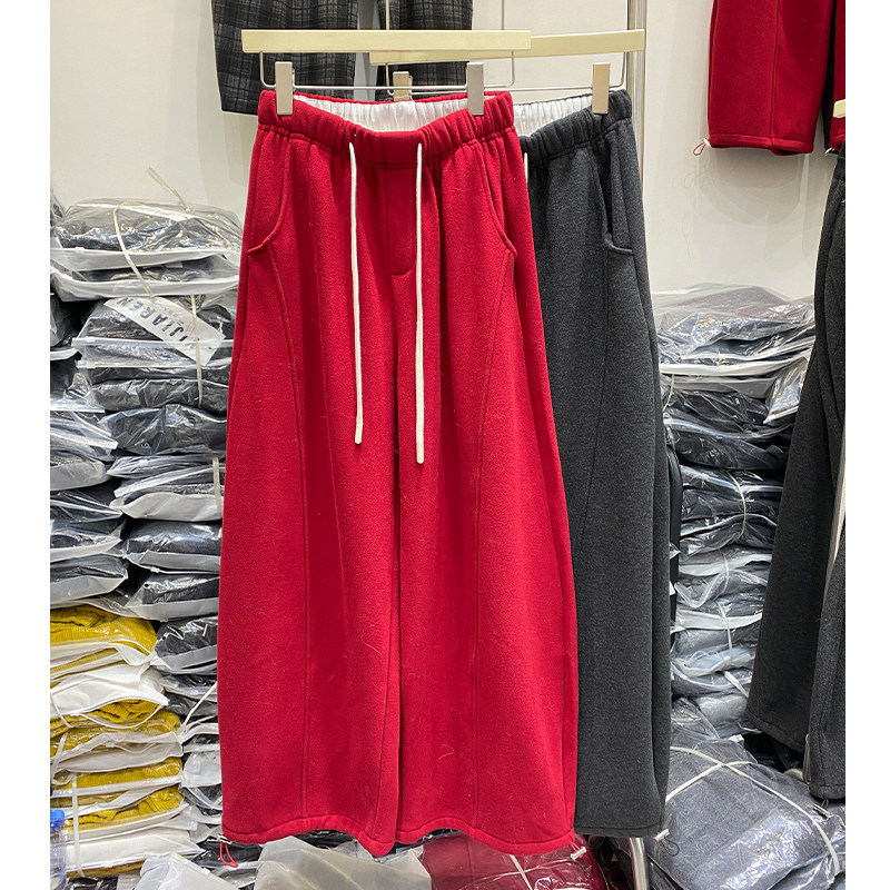 新年红色高端欧货冬季抽绳加绒毛呢弯刀裤女高腰显瘦阔腿休闲裤子,女装/女士精品,休闲裤,淘宝优惠券,粉丝福利购,淘宝优惠卷