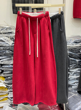 新年红色高端欧货冬季抽绳加绒毛呢弯刀裤女高腰显瘦阔腿休闲裤子
