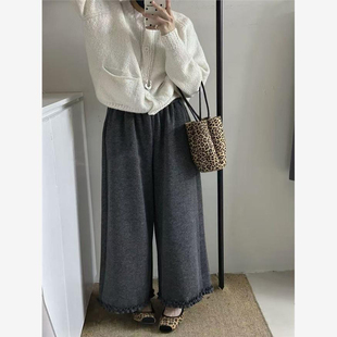 加绒加厚纯色毛呢木耳花边阔腿裤女秋冬时尚巨百搭慵懒范休闲裤子