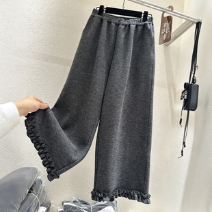 高端欧货秋冬松紧高腰木耳花边时尚加绒加厚毛呢裤阔腿休闲裤子女