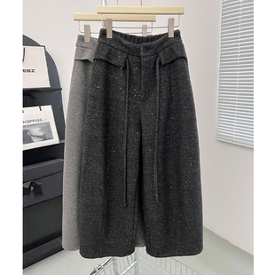 亮闪闪别致羊绒毛呢休闲裤女冬季加绒保暖满天星中缝九分弯刀裤子