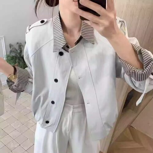韩代高奢条纹拼接假两件夹克女春秋时尚气质百搭立领短款风衣外套