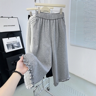 高级感撒银亮闪闪木耳边休闲裤女秋冬加绒加厚山羊绒阔腿九分裤子