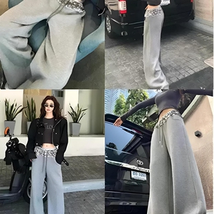 李婉君重工亮片拼接松紧腰休闲裤2026早春新款阔腿裤灰色卫裤子