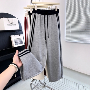 美式复古条杠抽绳休闲运动纯棉卫裤女春季校园风高腰百搭弯刀裤子