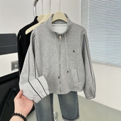 灰色休闲运动立领外套女小个子秋冬加绒刺绣拉链短款 卫衣开衫 夹克