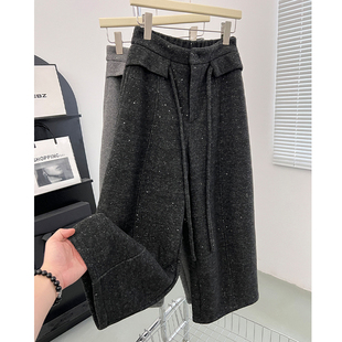 闪亮亮撒银羊绒毛呢休闲裤女冬季加绒保暖满天星九分弯刀裤小个子