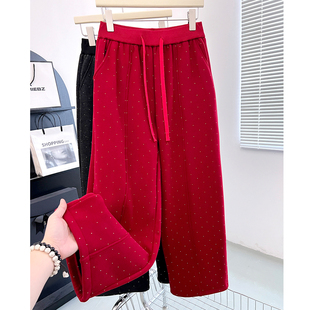 欧货高腰重工烫钻红色加绒弯刀阔腿裤卫裤女春秋冬季显瘦休闲裤潮