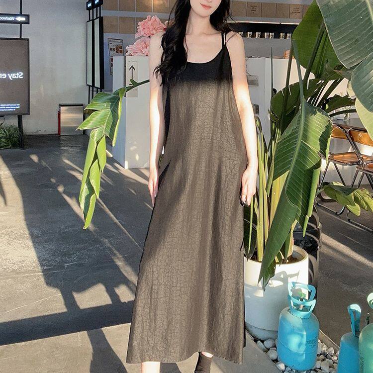 真丝夏季中长款连体裙女香云纱龟裂纹莨绸桑蚕丝无袖连衣裙时尚
