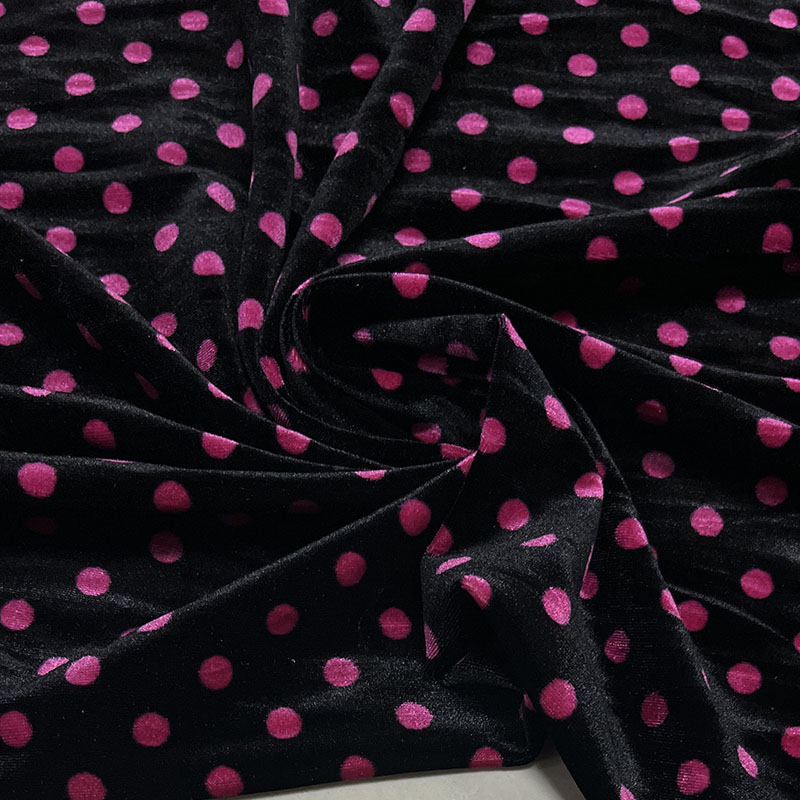 锦绒服装黑底玫红色点子金丝绒布