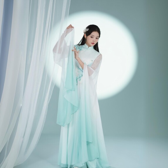 琴愫古筝演出服新款立领刺绣飘袖民乐演奏考级比赛合唱仙鹤旗袍领