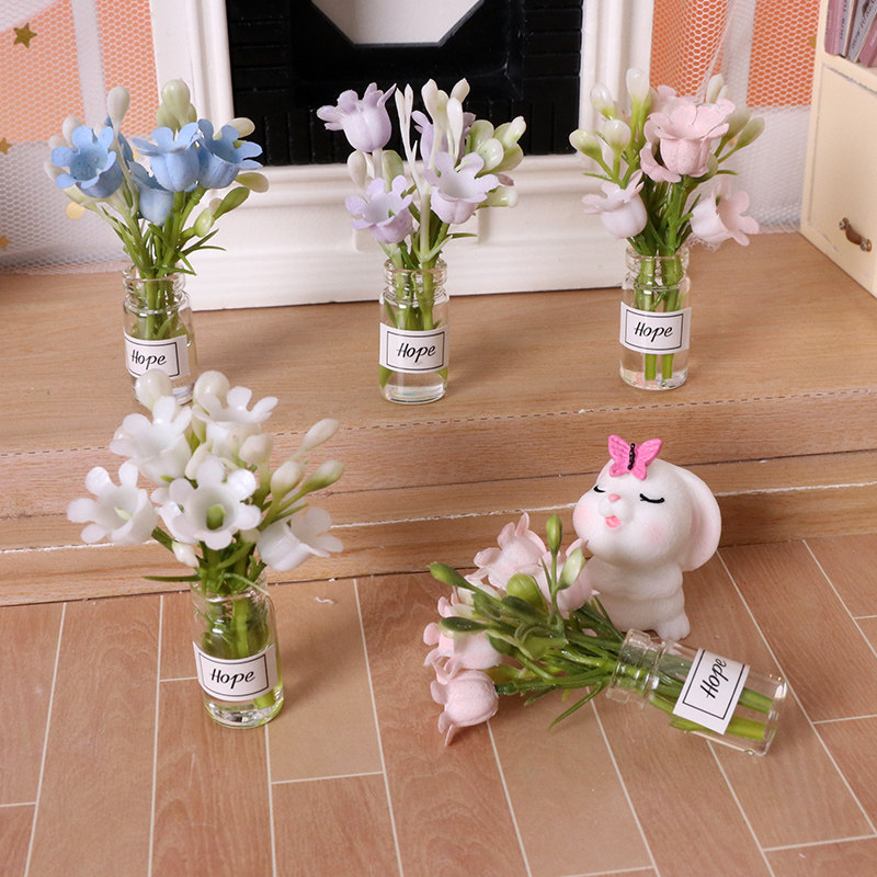 娃娃屋配件迷你月季玫瑰花枝摆件仿真花朵绿植物玻璃瓶观赏小盆栽