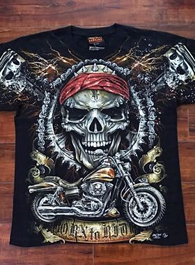 泰国进口体恤 机车摩托红头巾 骷髅头 夜光 哈雷潮男大码宽松户外