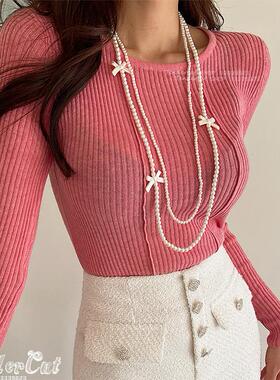 珍珠串项链珠光蝴蝶结长款项链女