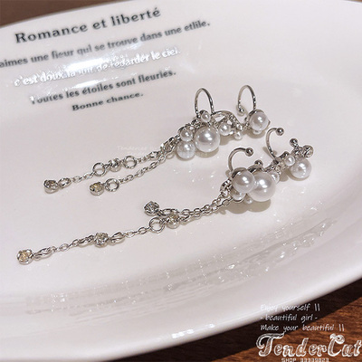 珍珠S形无痛水钻流苏坠耳廓耳夹