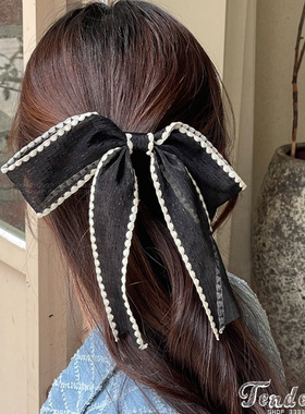 Black Ribbon Hairpin 小香风蕾丝花边黑色绢纱蝴蝶结弹簧夹发夹