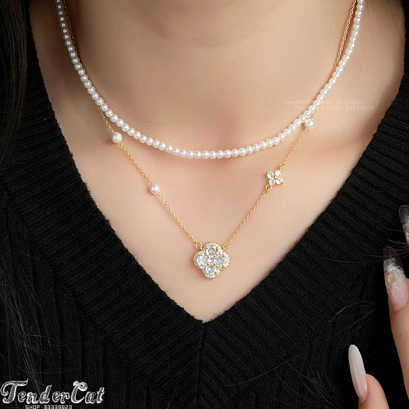 锆石四叶草花朵坠珍珠串双层项链