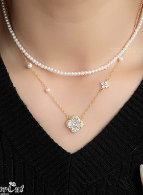锆石四叶草花朵坠珍珠串双层项链
