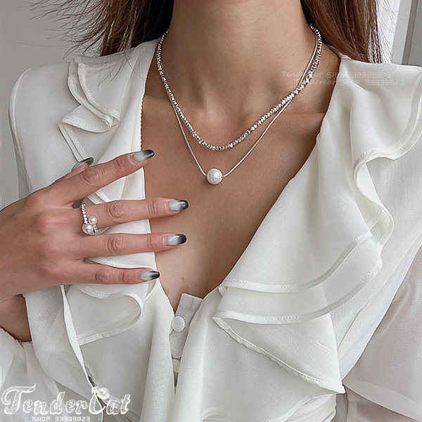 珍珠项链碎银可调节蛇骨双层