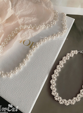 Pearl Flower Necklace 小香风大小珍珠编织花朵颈链宫廷长款项链