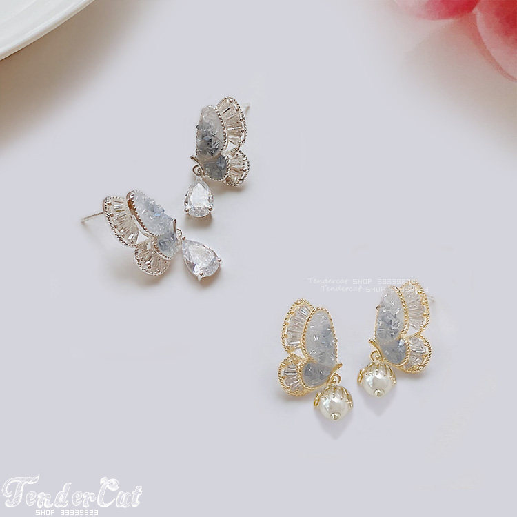 Shining Butterfly Earring s碎晶戒指水滴水钻双层蝴蝶珍珠耳环