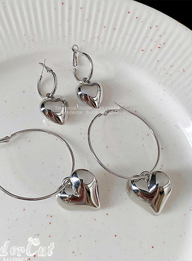 Pincher Heart Ring Earrings 夸张立体光感爱心坠大圆圈插扣耳环