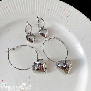 Pincher Heart Ring Earrings 夸张立体光感爱心坠大圆圈插扣耳环