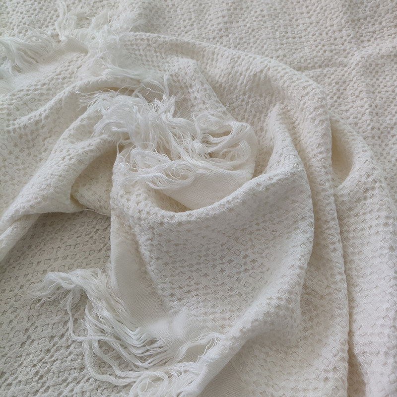 夏季新品华夫格柔软毯子ins风摄影毯子车便携毯穗边风格简约纯白