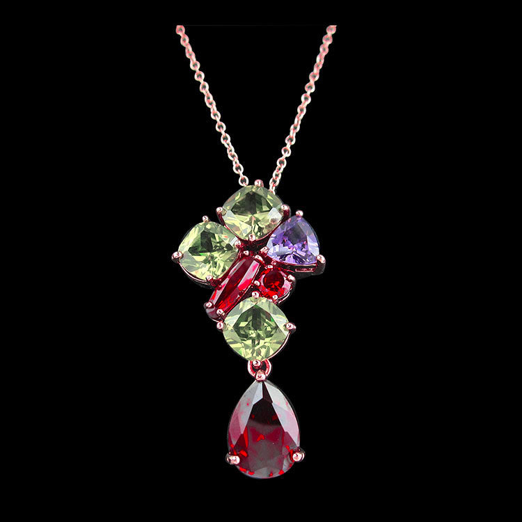 欧美奢华玫瑰金项链大气质水滴吊坠彩色锆石水晶配饰时尚个性女