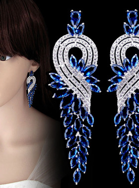 蓝色夸张大耳环轻奢高级感长款耳坠水晶锆石新娘晚礼服婚纱耳饰