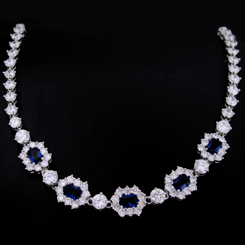 奢华深蓝宝石项链宝蓝色水晶锆石新娘结婚纱晚宴配礼服首饰超闪女